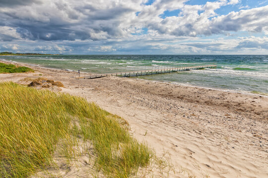 Beach with jetty at Ristinge, Langeland, Denmark