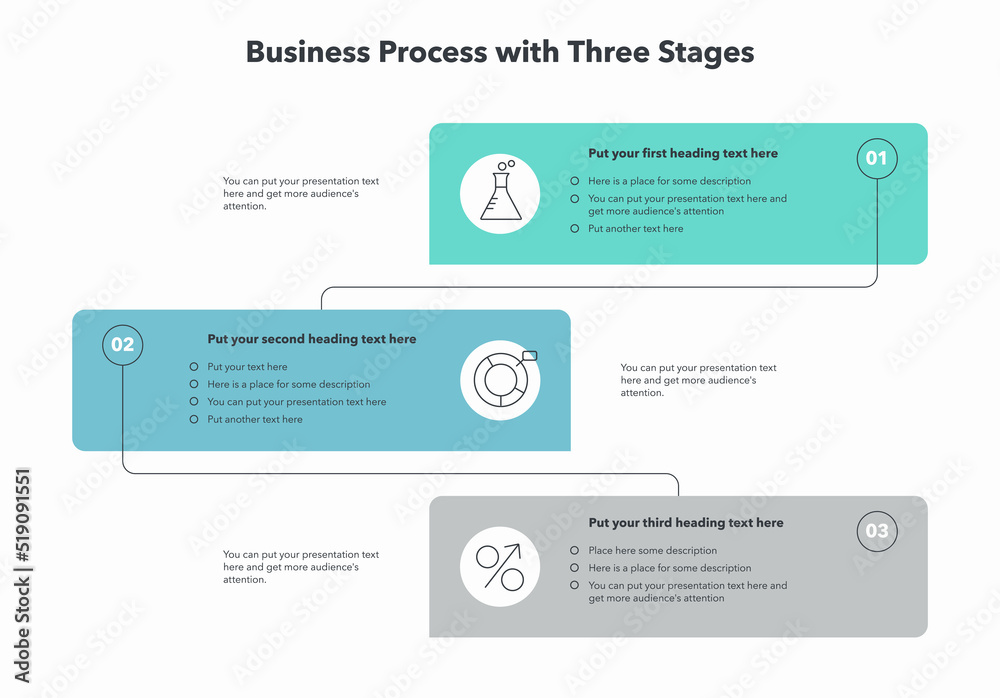 Aufkleber simple vertical business process template. concept of three stages with minimalistic icons.