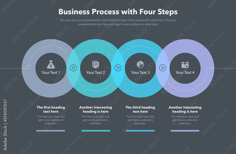 Poster modern business process template with four steps - dark version. slide for business presentation.