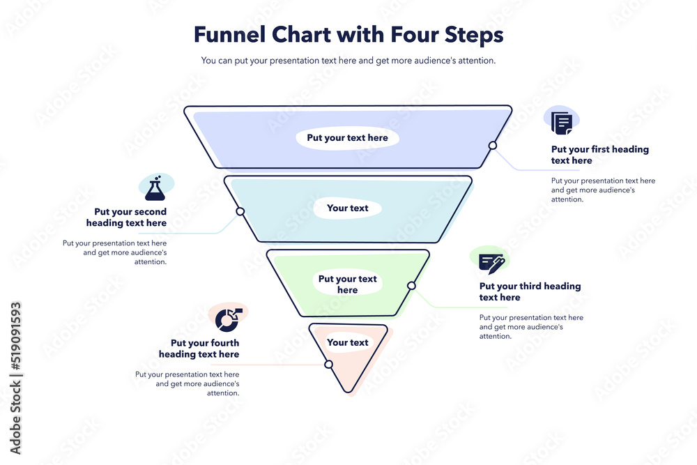 Fototapete Funnel chart template with four colorful steps. Creative diagram divided into four steps with minimalistic icons.