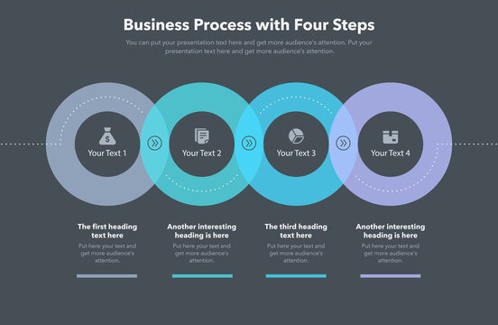 Modern business process template with four steps - dark version. Slide for business presentation.