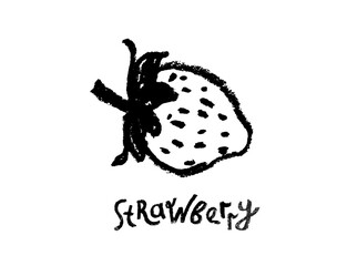 Vector Strawberry drawing isolated. Black hand drawn strawberries sketch. Stencil style sign of red berry illustration for baby food logo, juice label design, strawberry icon, berries packaging.