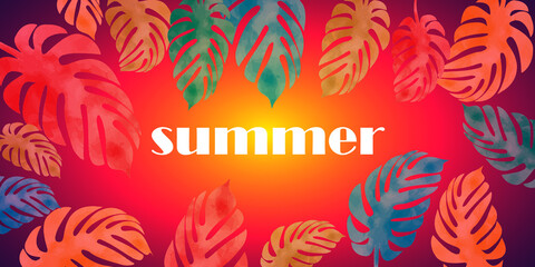 Fototapeta na wymiar Hello Summer concept design, summer panorama, abstract illustration with jungle exotic leaves, colorful design, summer background and banner