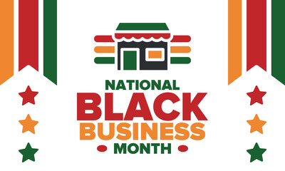 Black Business Month in August. Celebrated annual in United States. Support African American community. Black-owned businesses campaign. Poster, greeting card, banner, background. Vector illustration