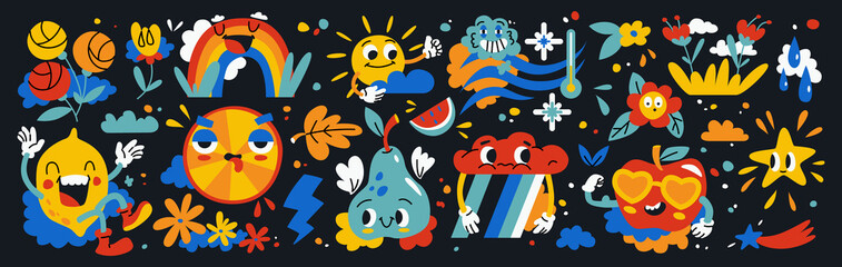 Abstract doodle funny comic weather, fruits, flowers stickers on black background. Vector sun and rainbow, rain and thunder cartoon characters. Apple in sunglasses, laughing lemon, floral elements