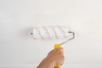 roller painting walls with white paint, renovation concept .