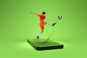 Creative collage. Professional male soccer player playing football on 3d phone screen over green background. Sport, achievements, media, online