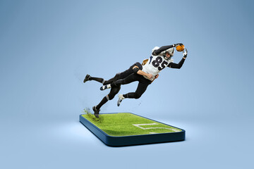 Creative collage with male american football players in action on 3d phone screen over gray...