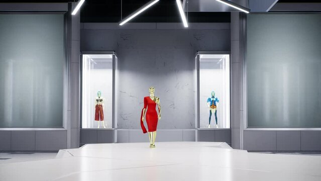 3D fashion show: virtual model walking by the podum. Fashionable red dress. 3D Rendering