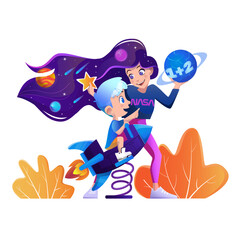 Young women playing educational game with child on playground. Vector cartoon illustration about maternity, babysitting, future educational technologies.