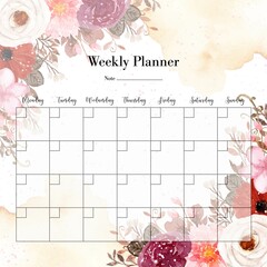 Elegant White And Red Watercolor Floral Weekly Planner