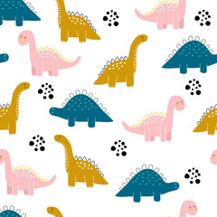 Vector hand drawn pattern with dinosaurs. Cute dino with dots in doodle style. Children's wallpaper.