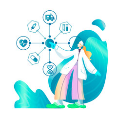 Medicine doctor vector character touching icon medical network connection with modern virtual screen interface, medical technology network concept