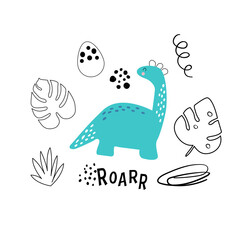 Vector hand drawn dino. Dinosaur with tropical leaves, bushes, eggs, dots in doodle style. Roar.