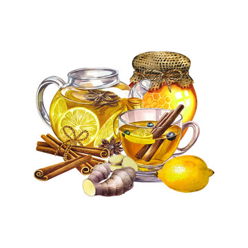 Fragrant antiviral tea with lemon, cinnamon and ginger and honey. Glass teapot and cup with vitamin tea against colds.