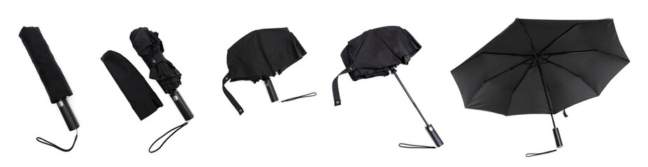 Black rain umbrella set isolated on white - obrazy, fototapety, plakaty