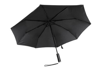 Open black rain umbrella isolated on white