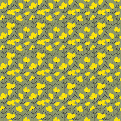 Yellow flat flowers with leaves seamless pattern. Abstract floral vector illustration. Summer holiday backdrop. Wallpaper, background, fabric, textile, print, wrapping paper or package design.