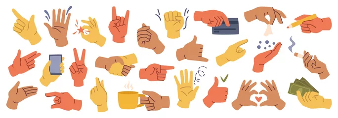 Fotobehang Set of hands gestures in doodle style isolated gesturing human arms. Vector man or woman hands showing peace sign, heart and money, handshake. Fingers with cigarette, pencil and bank card © Sensvector