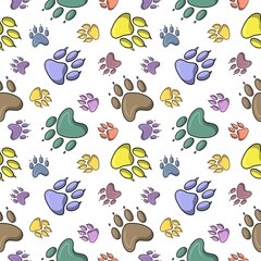Bright print for children, Colorful paw prints of different animals, cartoon style, seamless square pattern