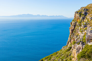 Coastal mountain landscape with fynbos flora in Cape Town.