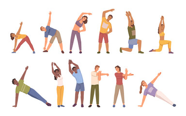 Parents and kids doing exercises, working out and leading active lifestyle. Physical education and healthy habits for children. Flat cartoon, vector in flat style