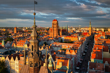 Beautiful architecture of the Main Town of Gdansk in the rays of the setting sun. Poland