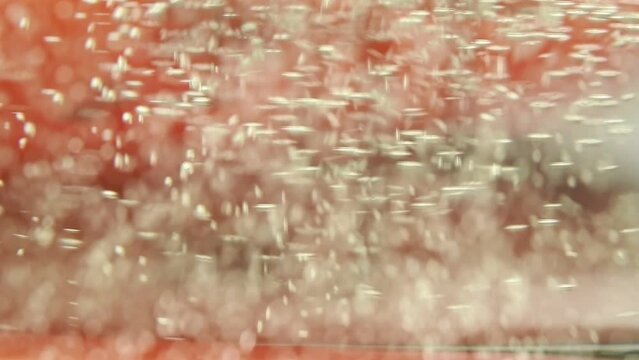 Macro shot of air bubbles in prosecco rising up on the red background.
