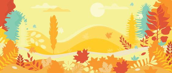 Fototapeta na wymiar Vector poster with an autumn landscape. View of nature with autumn leaves and trees. Flat design.