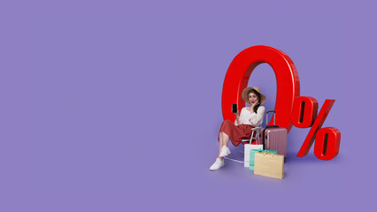 amazed tourist woman showing phone with 0% interest installment payment plan promotion against purple background with copy space.