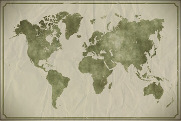 Watercolour world map on aged, crumpled paper background. EPS10 vector format