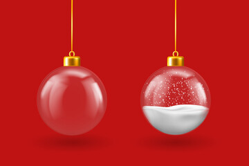 Hanging Christmas balls transparent and with snow inside, vector realistic 3D illustration. Xmas and New Year greeting cards decoration, bauble holiday ball on red background