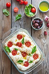 Fresh Italian flat bread (raw) Focaccia with tomatoes, olives, garlic and herbs on a wooden background.