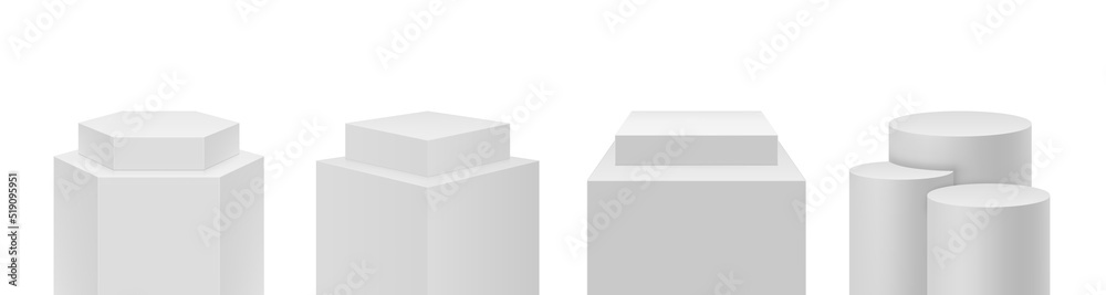Poster White realistic 3D podiums set, isolated steps pedestal. Vector illustration promotion display podium, minimal scene for products showcase. Abstract studio platforms of different shape