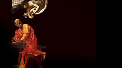 St. Matthew and the angel. Caravaggio painting from the painting cycle for the Contarini Chapel. Animation. art history. animated picture art