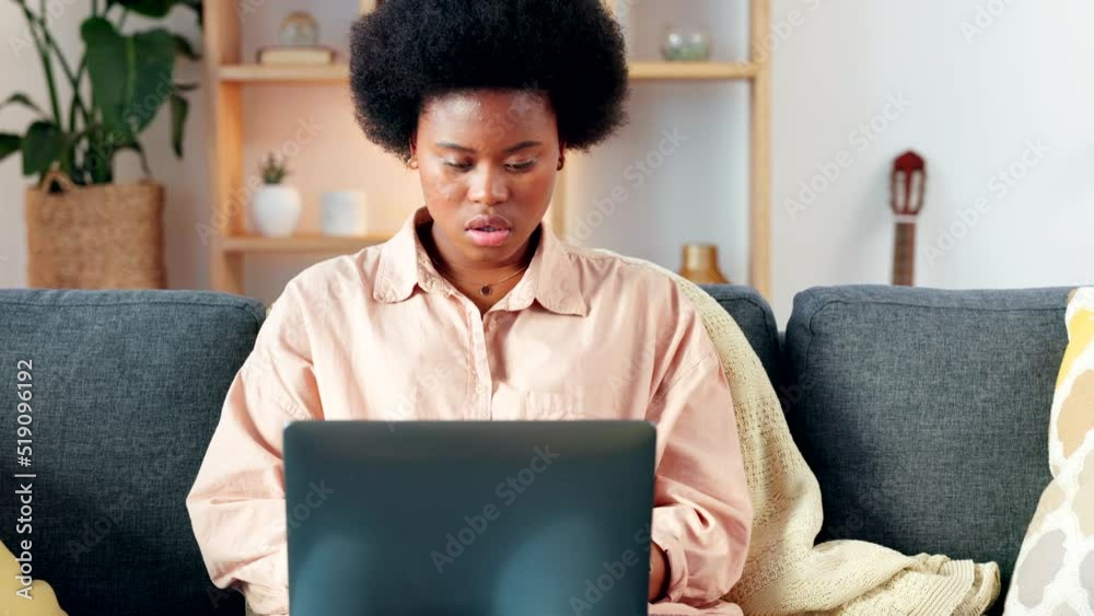 Aufkleber A tired and overworked student with deadlines typing an assignment while sitting on a couch. A young woman struggling to cope with the workload and suffering from a headache in her house