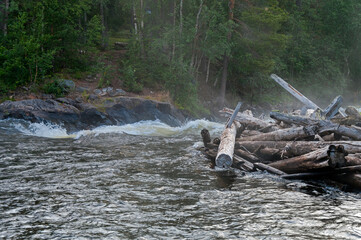 Foggy morning on the river rapids.