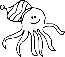 Christmas octopus, hand-drawn octopus. Hand -drawn doodles illustration octopus with hat.
Line art Christmas octopus.