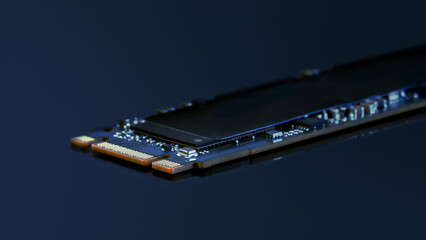 SSD M2 disk close up on dark blue background. Solid state drive or ssd sata m2 B and M keys, selective focus on foreground