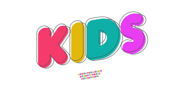 Vector kids font 3d bold doodle style modern typography for poster, decoration, promotion, book, t shirt, sale banner, printing on fabric. Cool alphabet. Trendy typeface. 10 eps