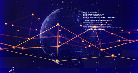 Image of network of connections and data processing over spinning globe