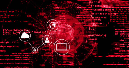 Image of network of digital icons and connections and data processing over spinning globe