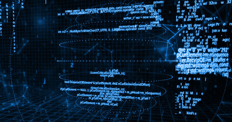 Fototapeta premium Image of network of digital connections and data processing over spinning globe