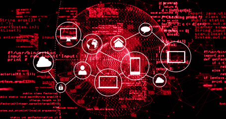 Image of network of digital icons and connections and data processing over spinning globe