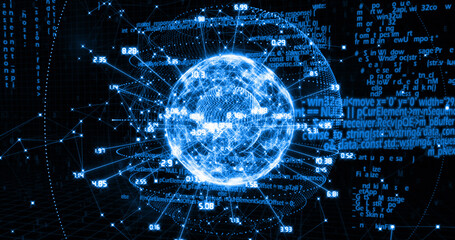 Image of network of digital connections and data processing over spinning globe