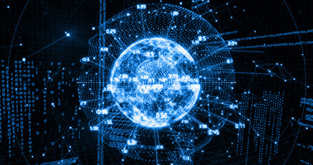 Image of network of digital connections and data processing over spinning globe
