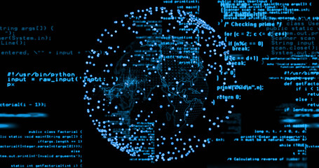 Image of network of connections and data processing over spinning globe