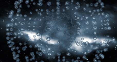 Image of network of digital icons and connections over spinning globe