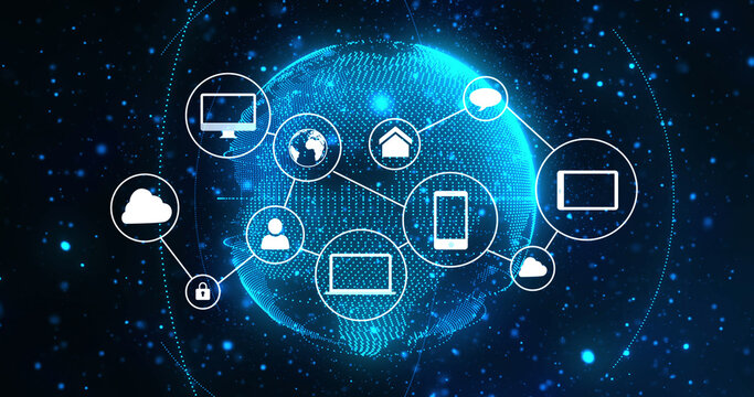 Image of network of digital icons and connections over spinning globe