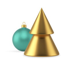 Premium golden cone Christmas tree ball toy winter holiday traditional decor 3d icon vector